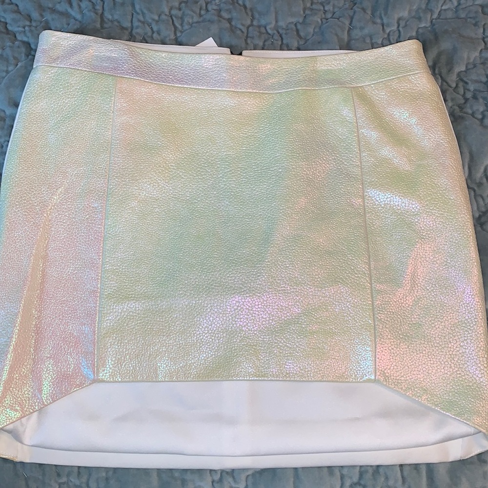 Mason iridescent leather miniskirt, size 4, white with green & pink, NWT